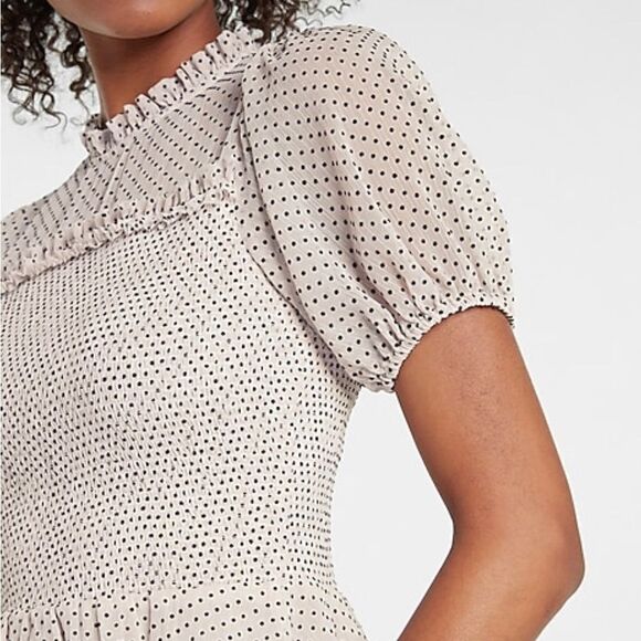 Express Light Blush Pink Dot Peplum Cropped Puff Sleeve Top - Picture 3 of 8